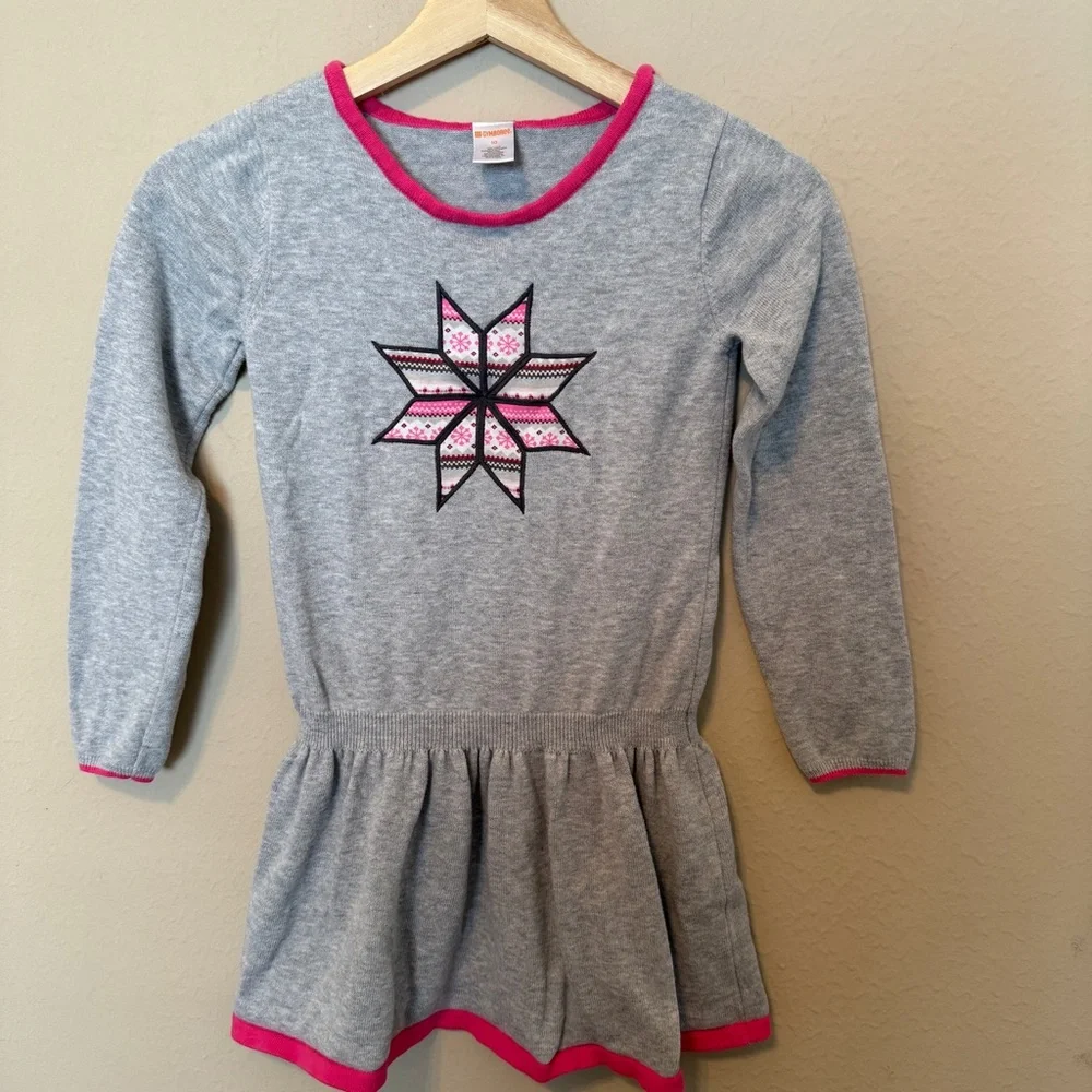 Girls Size 10 Gymboree Gray Knit Dress With Star Embroidery Pink Edge Christmas
